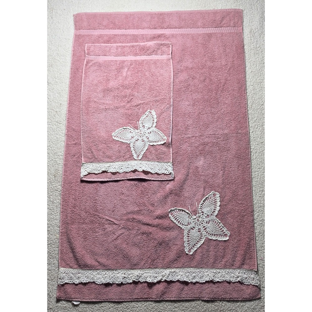 Vintage Cannon Pink Cotton Towel Set Butterfly Crochet Lace Trim Made in USA